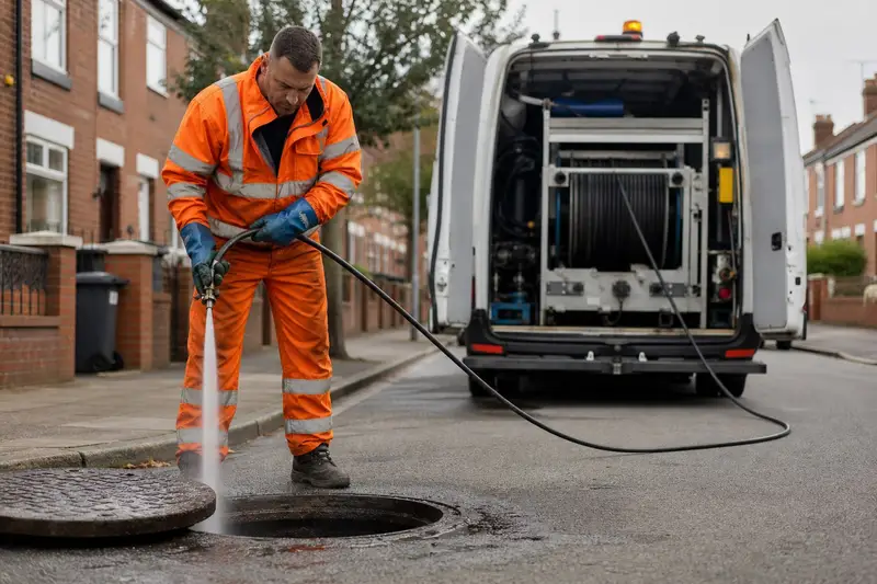 Worker in hi-vis lifting a drain cover on a residential street