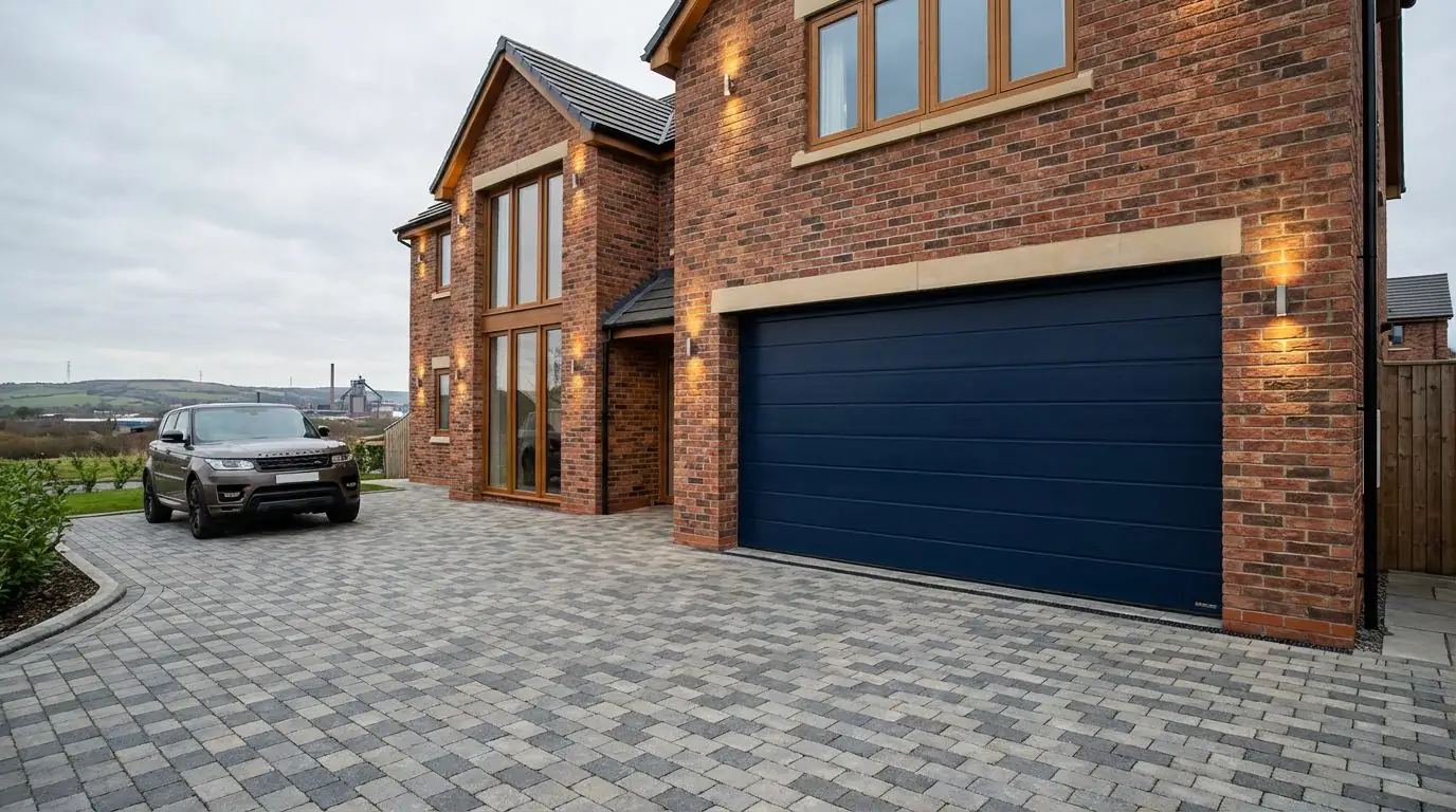 Modern brick home with a dark blue sectional garage door